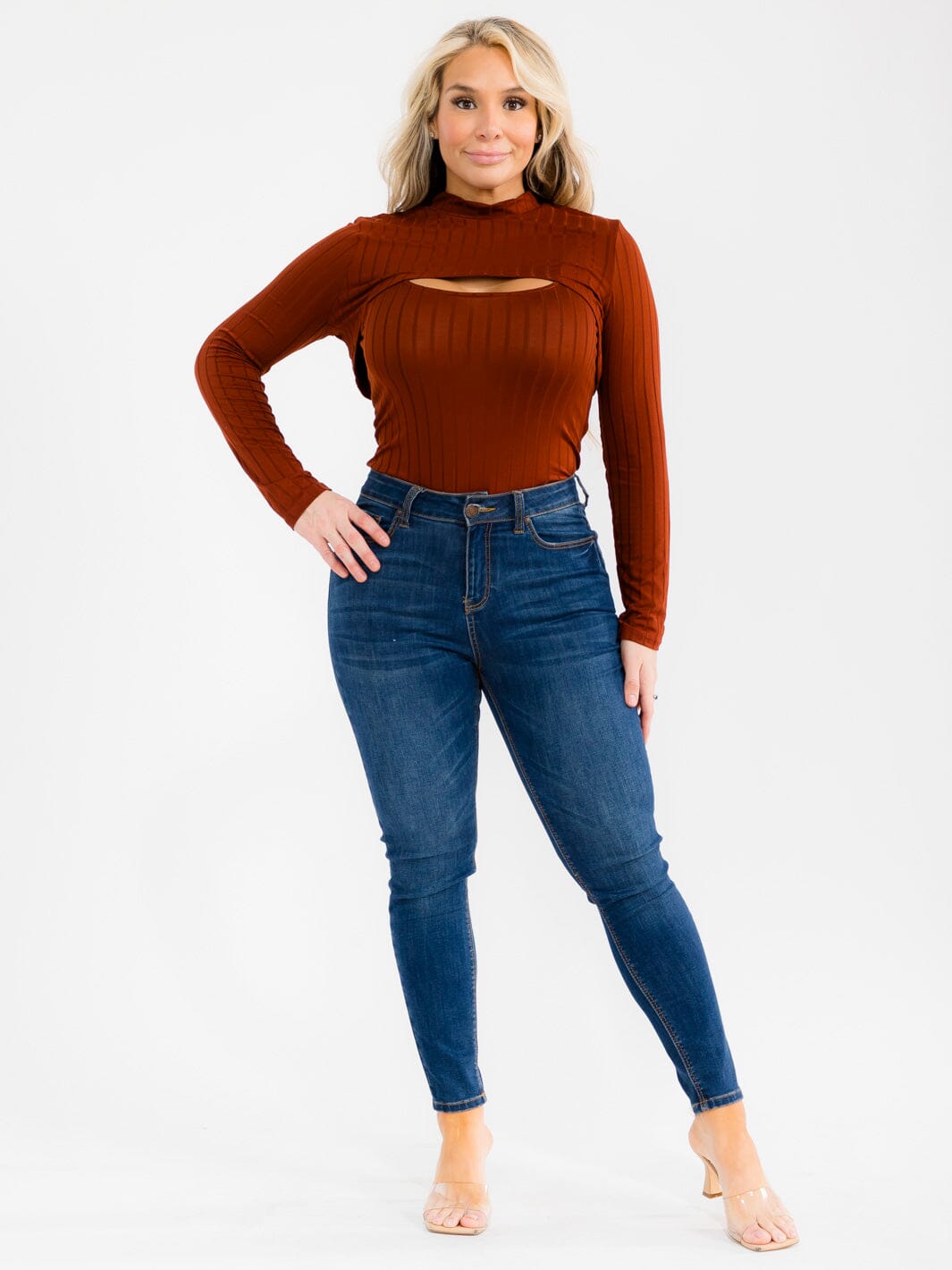 PLUS SIZE LONG SLEEVE BOLERO & SLEEVELESS RIBBED BODYSUIT