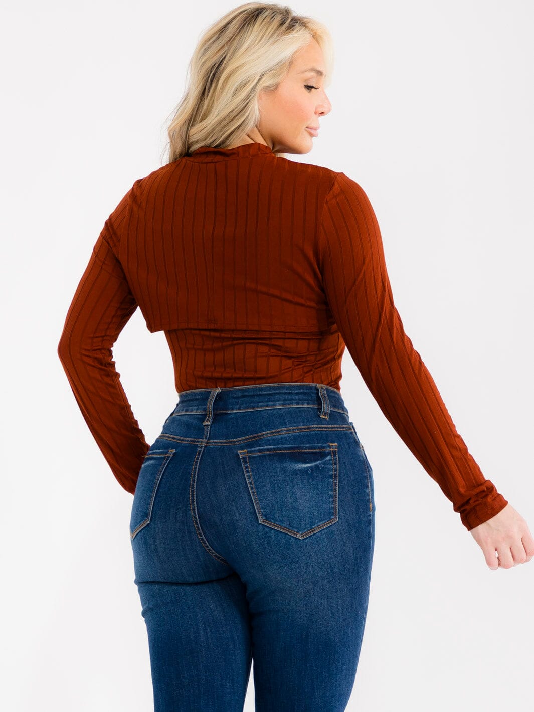 PLUS SIZE LONG SLEEVE BOLERO & SLEEVELESS RIBBED BODYSUIT