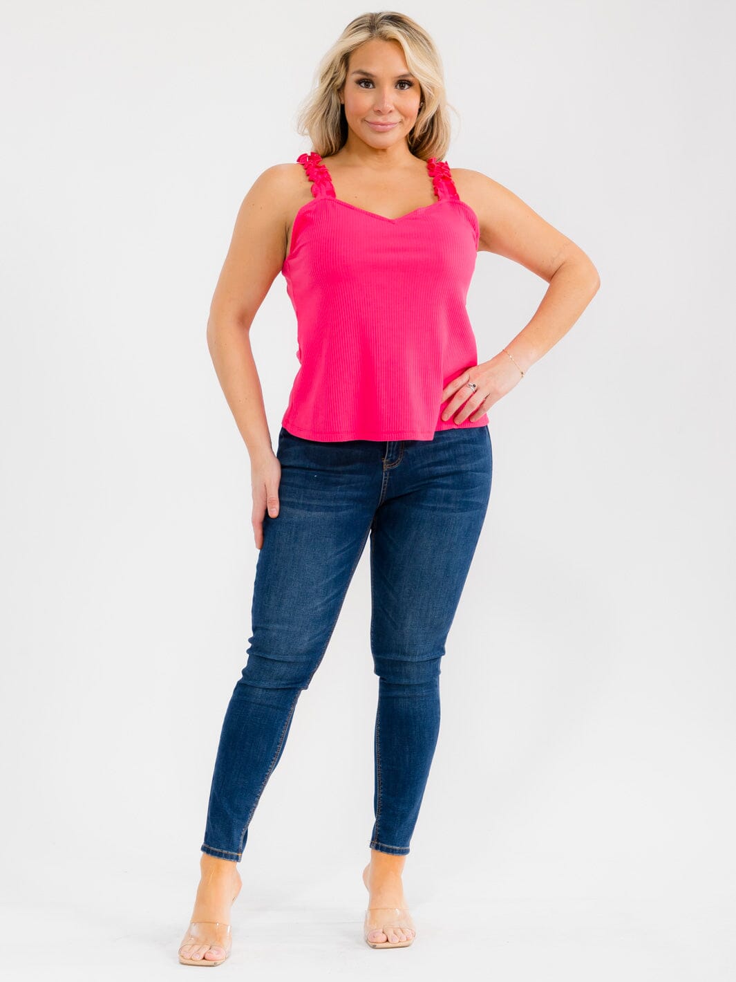 PLUS SIZE SLEEVELESS V-NECK RUFFLE RIBBED TANK TOP
