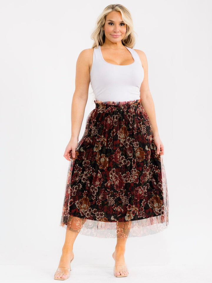 PLUS SIZE ELASTIC WAIST FLORAL PRINT MIDI SKIRT
