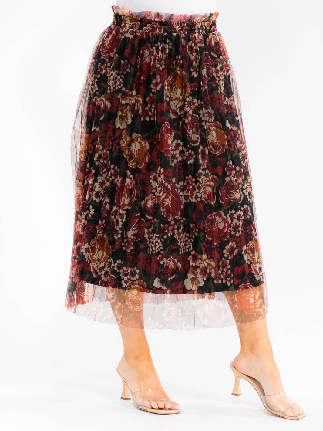 PLUS SIZE ELASTIC WAIST FLORAL PRINT MIDI SKIRT