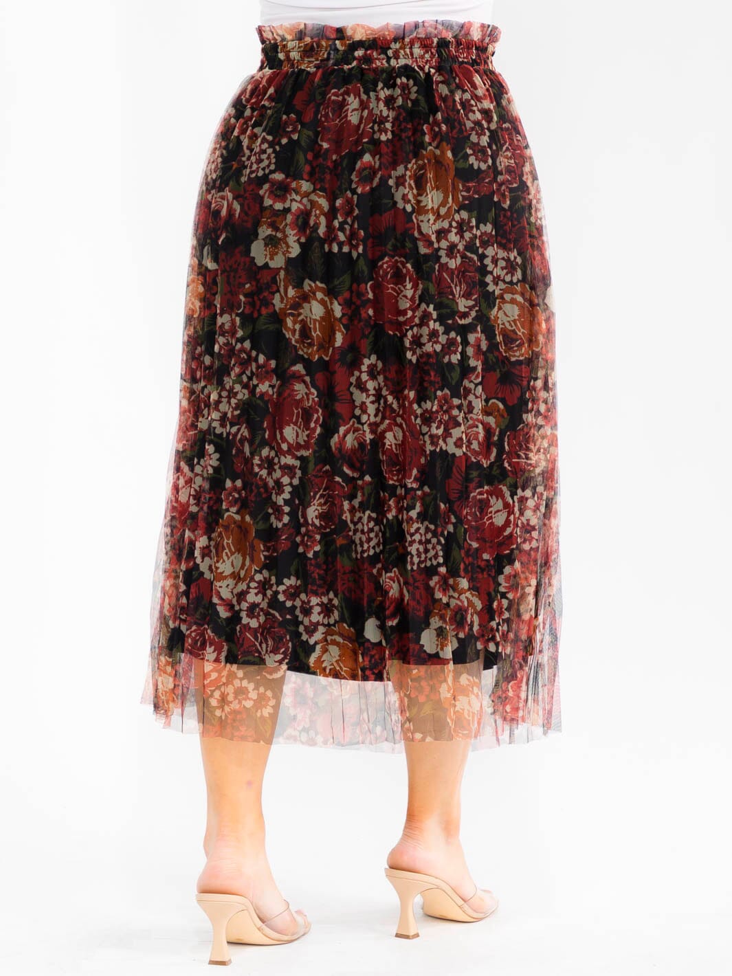 PLUS SIZE ELASTIC WAIST FLORAL PRINT MIDI SKIRT
