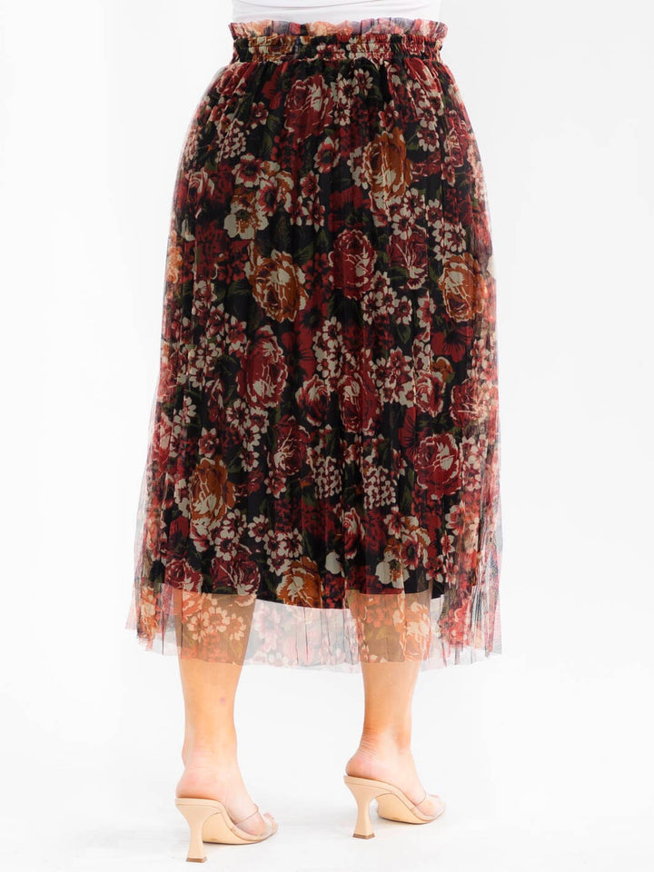 PLUS SIZE ELASTIC WAIST FLORAL PRINT MIDI SKIRT