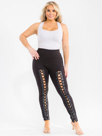 PLUS SIZE ELASTIC WAIST SKINNY LEG LACE UP DETAILED LEGGINGS