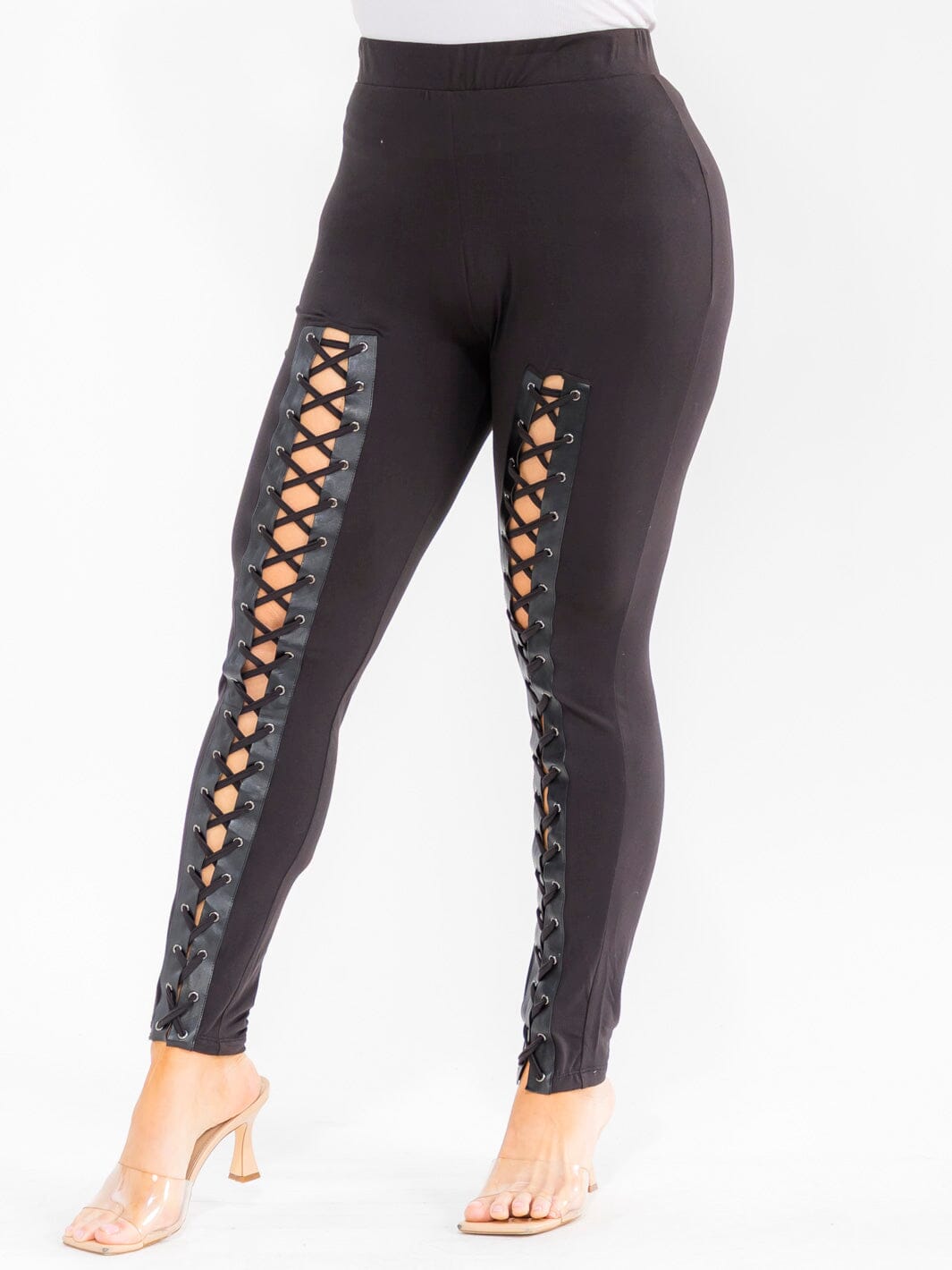 PLUS SIZE ELASTIC WAIST SKINNY LEG LACE UP DETAILED LEGGINGS