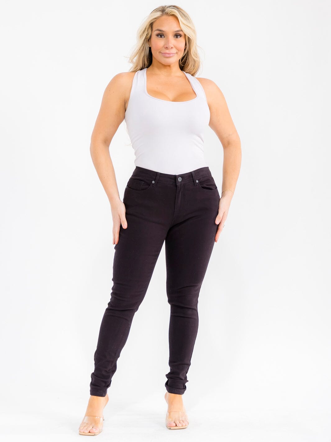 PLUS SIZE BUTTON CLOSURE POCKETS SKINNY LEG DENIM PANTS