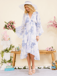 WOMEN'S LONG BELL SLEEVE V-NECK ELASTIC WAIST HIGH-LOW FLORAL PRINT MIDI DRESS