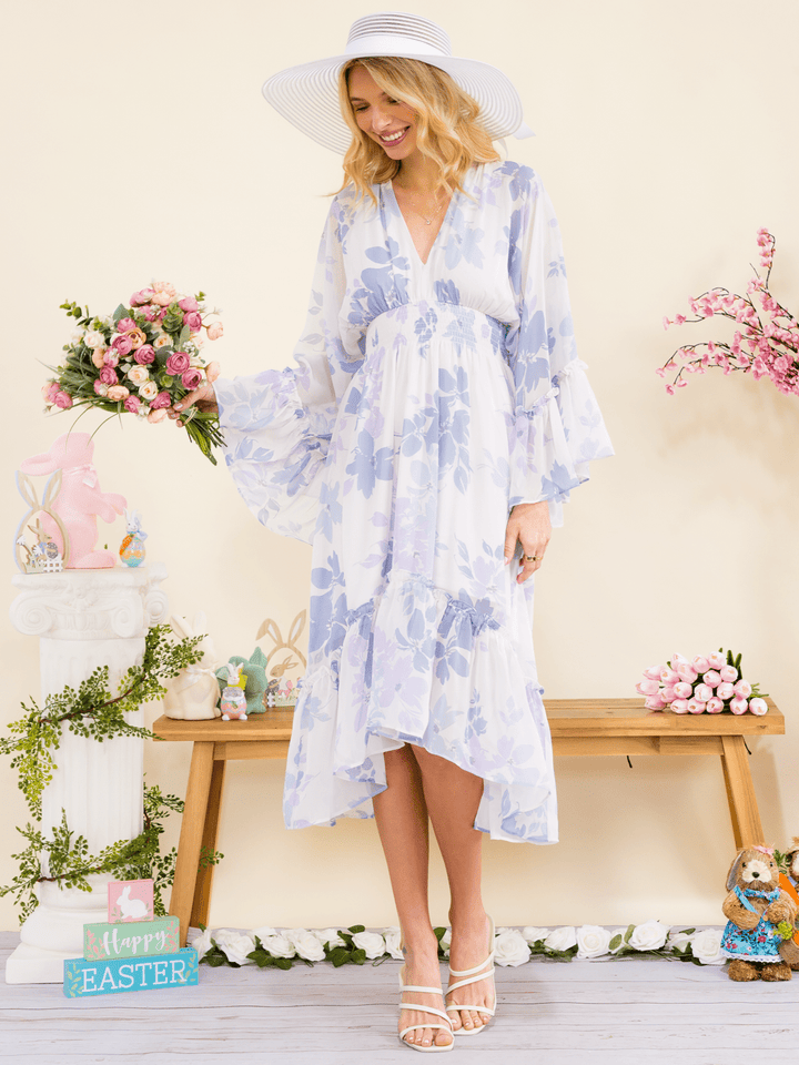 WOMEN'S LONG BELL SLEEVE V-NECK ELASTIC WAIST HIGH-LOW FLORAL PRINT MIDI DRESS