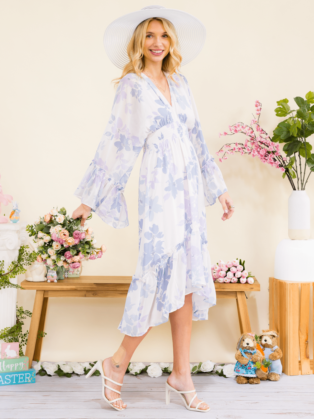 WOMEN'S LONG BELL SLEEVE V-NECK ELASTIC WAIST HIGH-LOW FLORAL PRINT MIDI DRESS