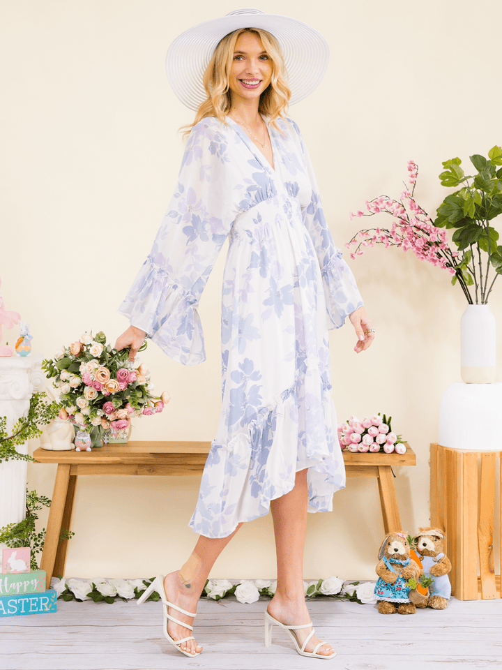 WOMEN'S LONG BELL SLEEVE V-NECK ELASTIC WAIST HIGH-LOW FLORAL PRINT MIDI DRESS