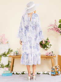WOMEN'S LONG BELL SLEEVE V-NECK ELASTIC WAIST HIGH-LOW FLORAL PRINT MIDI DRESS