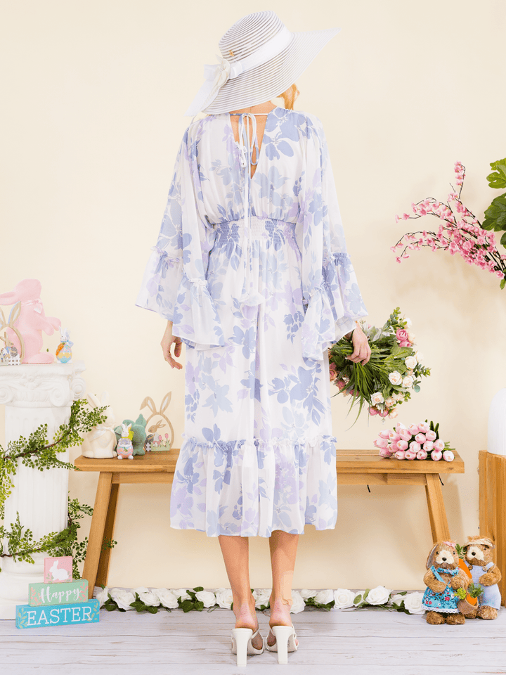 WOMEN'S LONG BELL SLEEVE V-NECK ELASTIC WAIST HIGH-LOW FLORAL PRINT MIDI DRESS