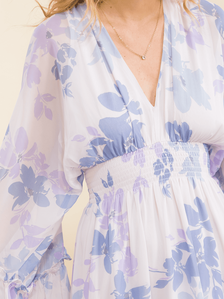 WOMEN'S LONG BELL SLEEVE V-NECK ELASTIC WAIST HIGH-LOW FLORAL PRINT MIDI DRESS