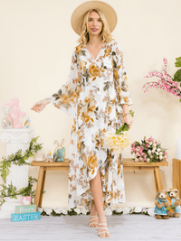 WOMEN'S LONG BELL SLEEVE SELF TIE HIGH-LOW FLORAL WRAP MAXI DRESS