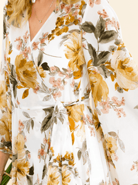 WOMEN'S LONG BELL SLEEVE SELF TIE HIGH-LOW FLORAL WRAP MAXI DRESS