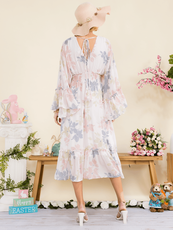 WOMEN'S LONG BELL SLEEVE V-NECK ELASTIC WAIST HIGH-LOW FLORAL PRINT MIDI DRESS