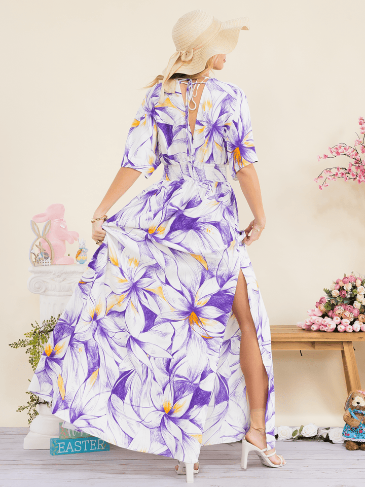 WOMEN'S SHORT SLEEVE ELASTIC WAIST SURPLICE SIDE SLIT FLORAL PRINT MAXI DRESS