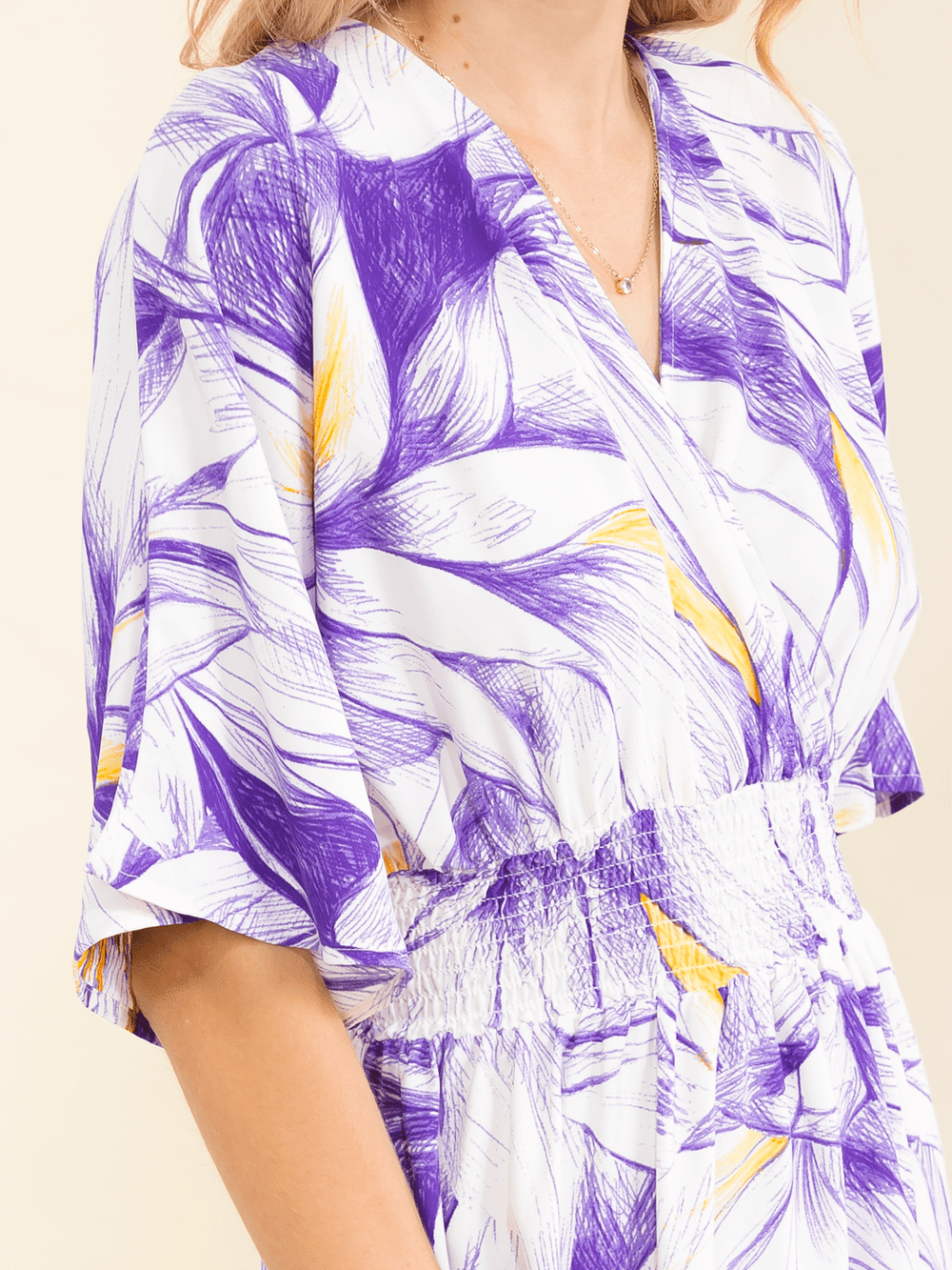 WOMEN'S SHORT SLEEVE ELASTIC WAIST SURPLICE SIDE SLIT FLORAL PRINT MAXI DRESS