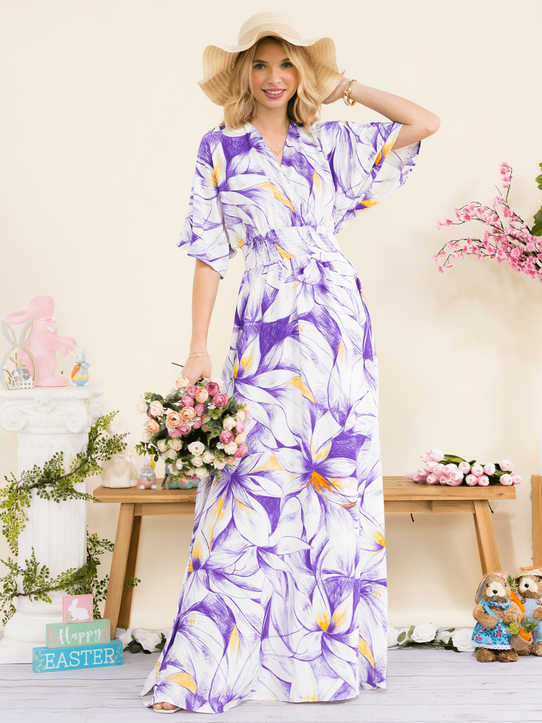 WOMEN'S SHORT SLEEVE ELASTIC WAIST SURPLICE SIDE SLIT FLORAL PRINT MAXI DRESS