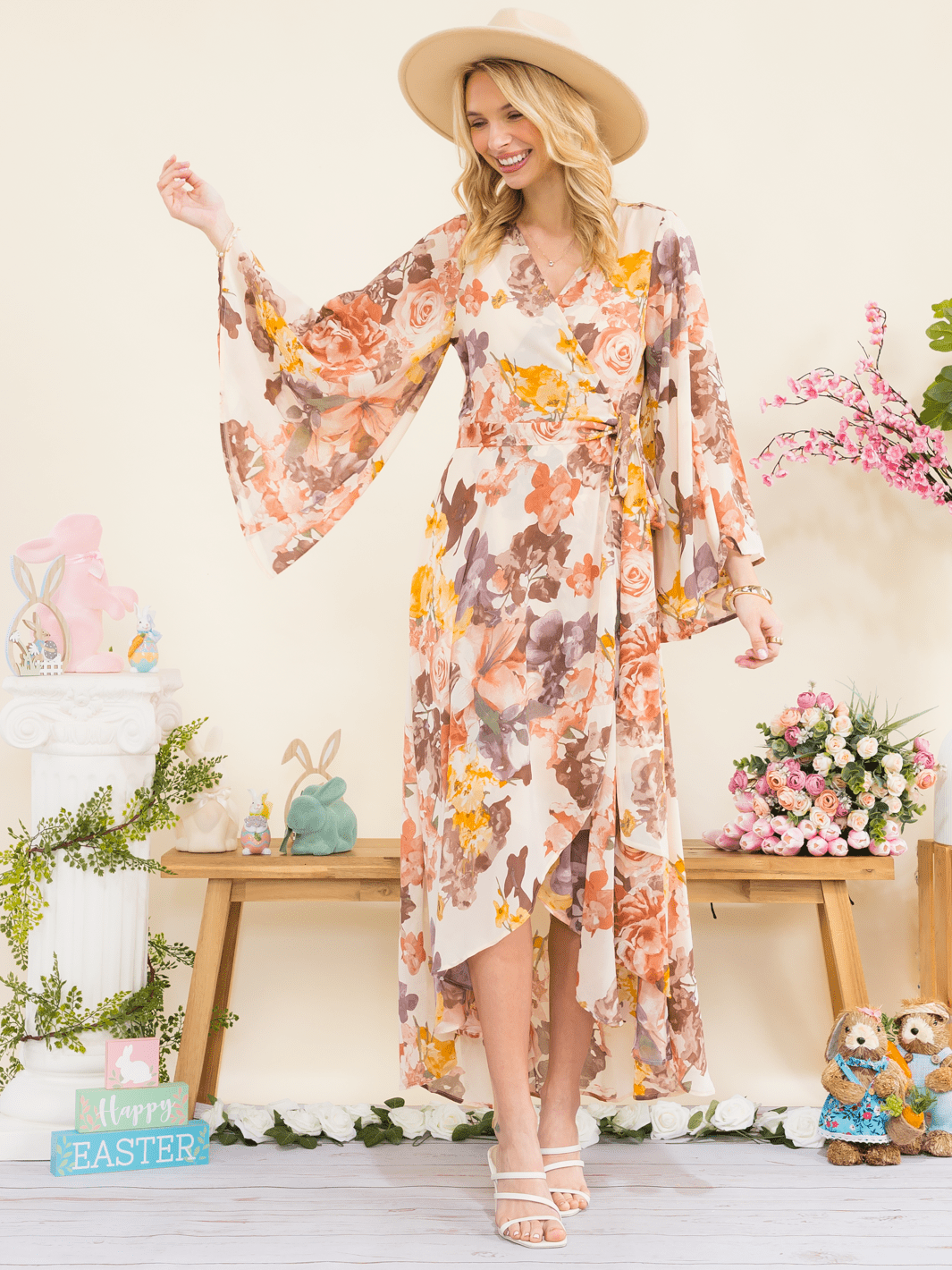 WOMEN'S LONG BELL SLEEVE SELF TIE HIGH-LOW FLORAL WRAP MAXI DRESS
