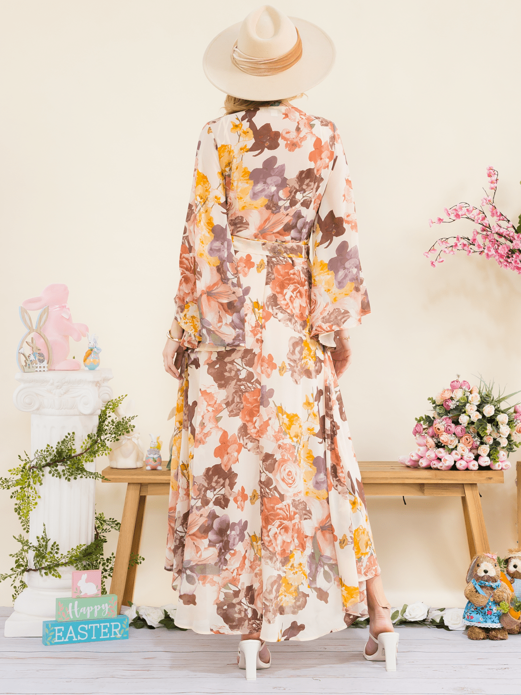 WOMEN'S LONG BELL SLEEVE SELF TIE HIGH-LOW FLORAL WRAP MAXI DRESS
