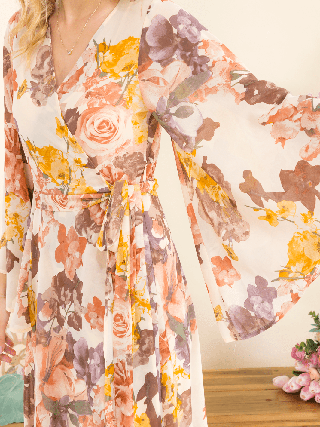 WOMEN'S LONG BELL SLEEVE SELF TIE HIGH-LOW FLORAL WRAP MAXI DRESS