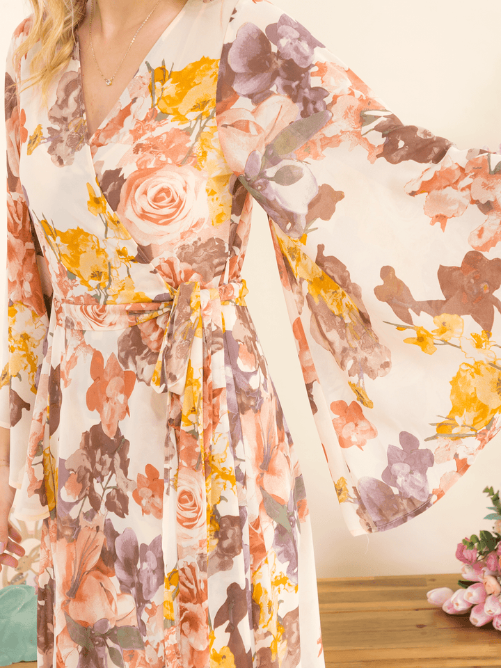 WOMEN'S LONG BELL SLEEVE SELF TIE HIGH-LOW FLORAL WRAP MAXI DRESS