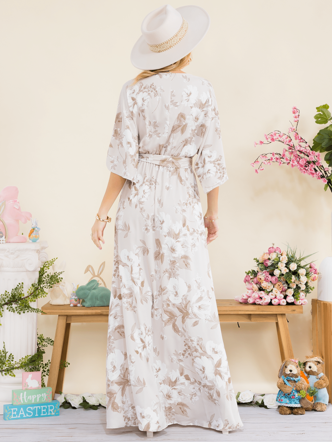 WOMEN'S SHORT SLEEVE ELASTIC WAIST SURPLICE FRONT SLIT FLORAL PRINT MAXI DRESS