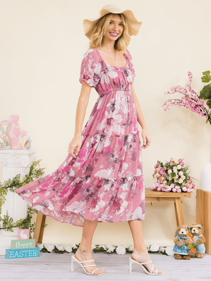 WOMEN'S SHORT SLEEVE SQUARE NECK ELASTIC WAIST FLORAL PRINT MIDI DRESS