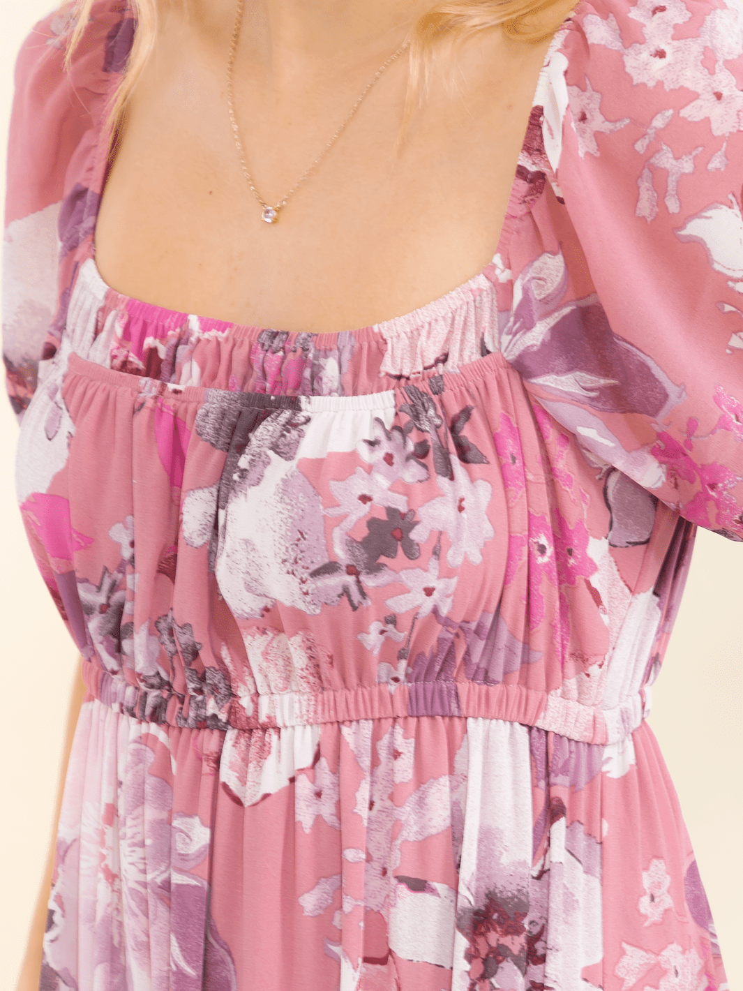 WOMEN'S SHORT SLEEVE SQUARE NECK ELASTIC WAIST FLORAL PRINT MIDI DRESS