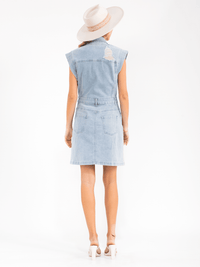 WOMEN'S SLEEVELESS BUTTON UP POCKETS WASHED DISTRESS DENIM MINI DRESS