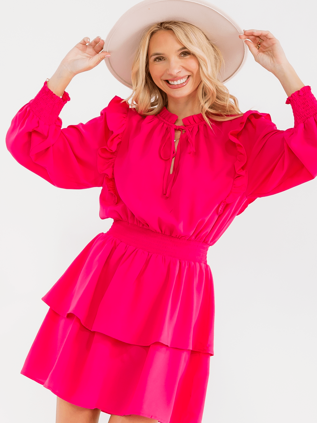 WOMEN'S LONG SLEEVE SMOCK WAIST RUFFLE TIERED FIT & FLARE MINI DRESS