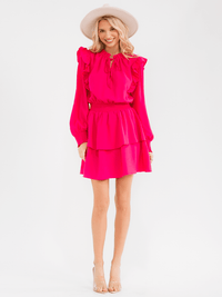 WOMEN'S LONG SLEEVE SMOCK WAIST RUFFLE TIERED FIT & FLARE MINI DRESS