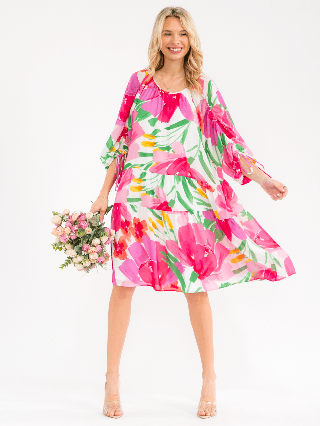 WOMEN'S 3/4 SLEEVE POCKETS TIERED LOOSE FIT FLORAL PRINT MINI DRESS