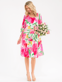 WOMEN'S 3/4 SLEEVE POCKETS TIERED LOOSE FIT FLORAL PRINT MINI DRESS