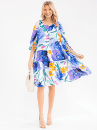 WOMEN'S 3/4 SLEEVE POCKETS TIERED LOOSE FIT FLORAL PRINT MINI DRESS