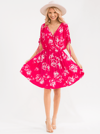 WOMEN'S SHORT SLEEVE SURPLICE ELASTIC WAIST POCKETS FLORAL PRINT MINI DRESS