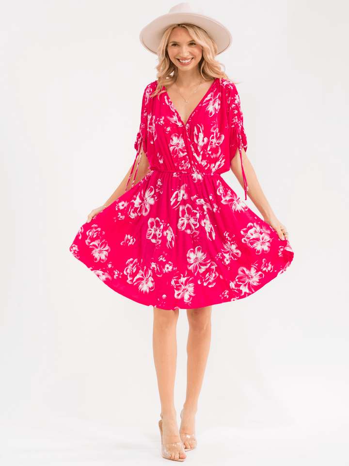 WOMEN'S SHORT SLEEVE SURPLICE ELASTIC WAIST POCKETS FLORAL PRINT MINI DRESS