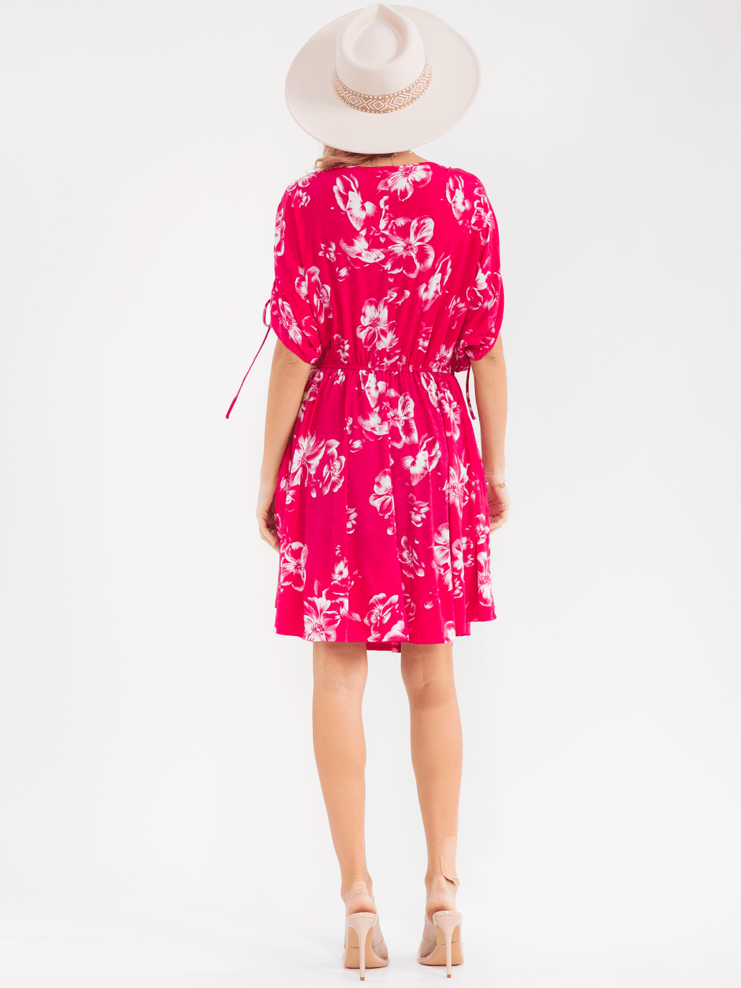 WOMEN'S SHORT SLEEVE SURPLICE ELASTIC WAIST POCKETS FLORAL PRINT MINI DRESS