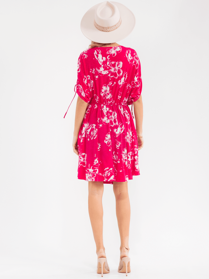 WOMEN'S SHORT SLEEVE SURPLICE ELASTIC WAIST POCKETS FLORAL PRINT MINI DRESS