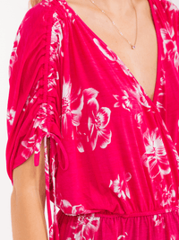 WOMEN'S SHORT SLEEVE SURPLICE ELASTIC WAIST POCKETS FLORAL PRINT MINI DRESS