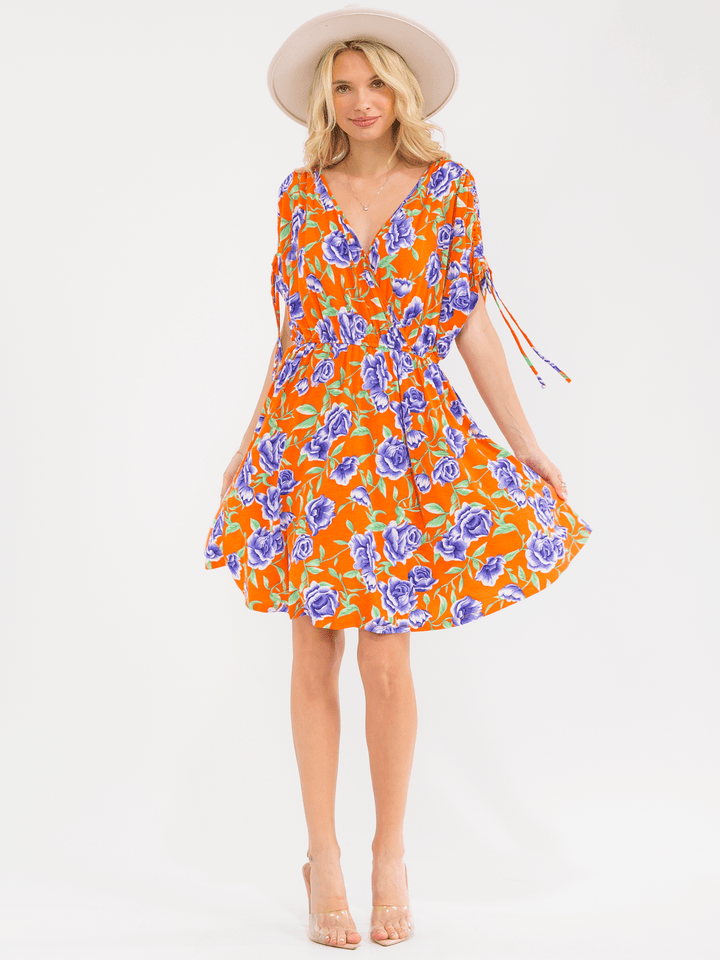 WOMEN'S SHORT SLEEVE SURPLICE ELASTIC WAIST POCKETS FLORAL PRINT MINI DRESS