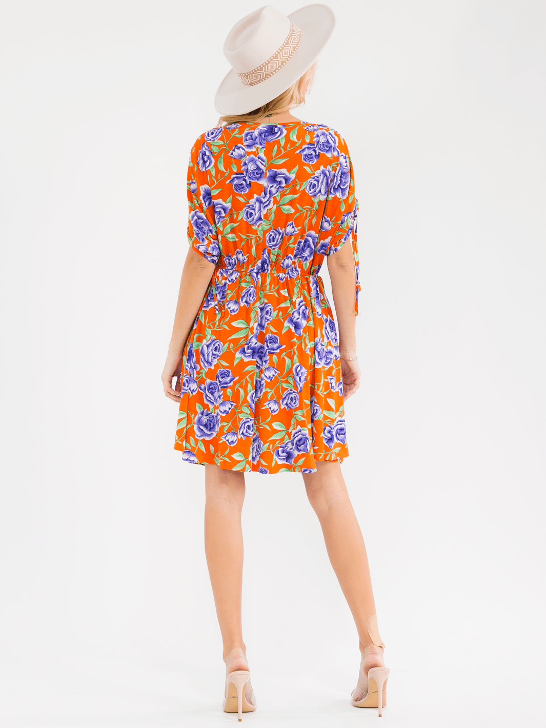 WOMEN'S SHORT SLEEVE SURPLICE ELASTIC WAIST POCKETS FLORAL PRINT MINI DRESS