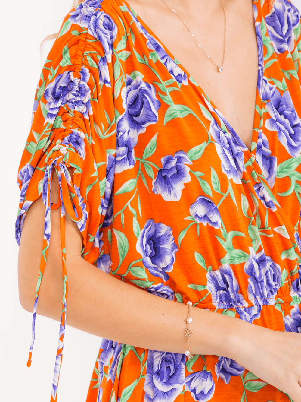 WOMEN'S SHORT SLEEVE SURPLICE ELASTIC WAIST POCKETS FLORAL PRINT MINI DRESS