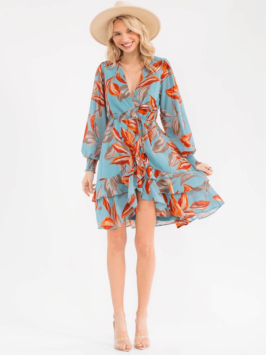 WOMEN'S LONG SLEEVE SURPLICE SELF TIE FLORAL PRINT WRAP MINI DRESS