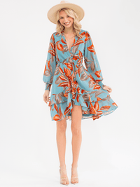 WOMEN'S LONG SLEEVE SURPLICE SELF TIE FLORAL PRINT WRAP MINI DRESS