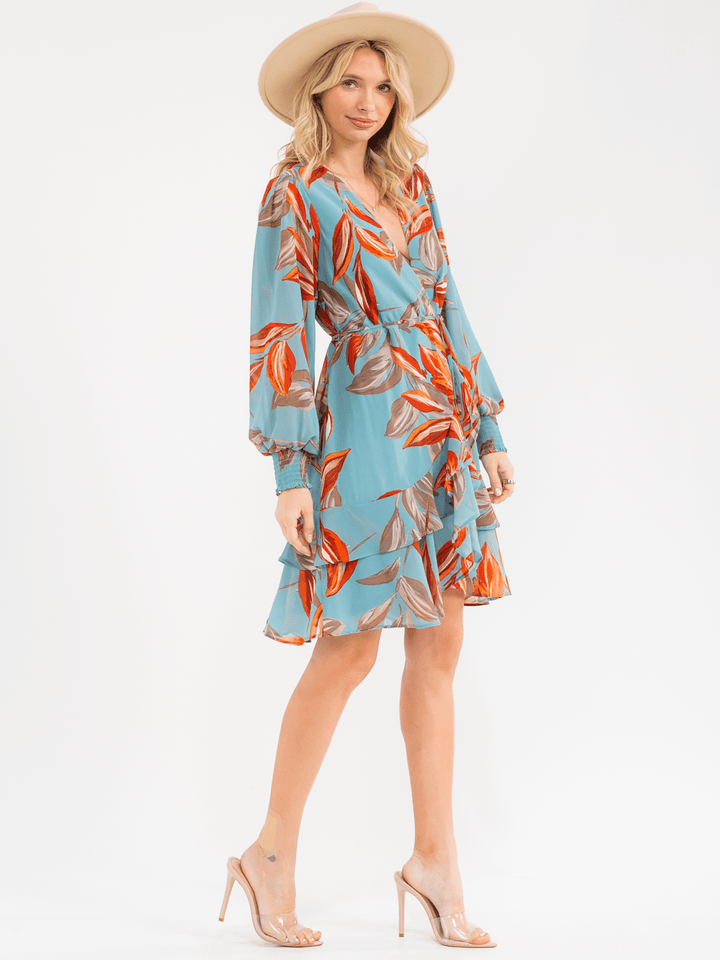 WOMEN'S LONG SLEEVE SURPLICE SELF TIE FLORAL PRINT WRAP MINI DRESS