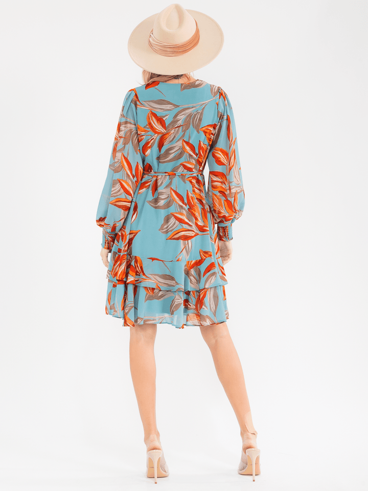 WOMEN'S LONG SLEEVE SURPLICE SELF TIE FLORAL PRINT WRAP MINI DRESS