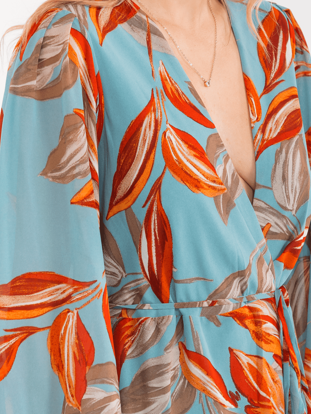 WOMEN'S LONG SLEEVE SURPLICE SELF TIE FLORAL PRINT WRAP MINI DRESS