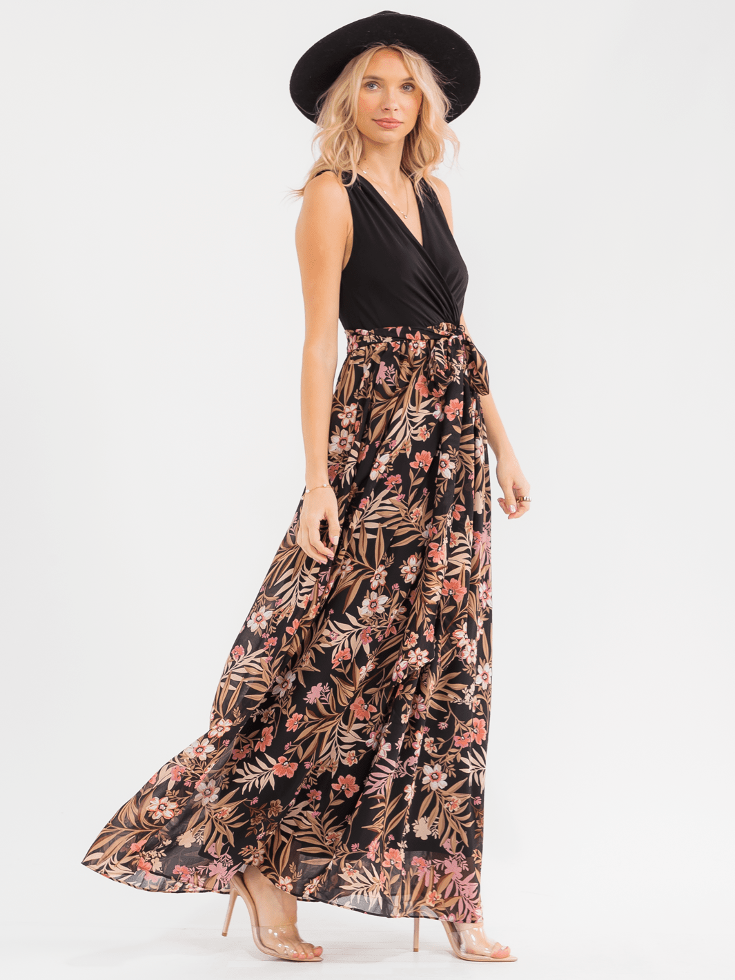 WOMEN'S SLEEVELESS SURPLICE SELF TIE RUFFLE FLORAL MAXI DRESS